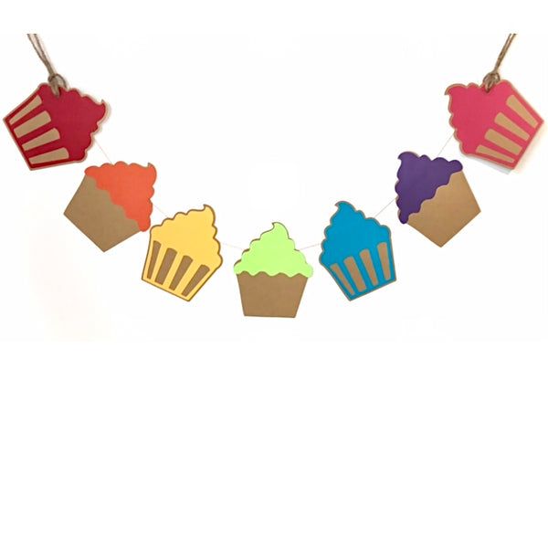 A little garland of 7 cupcakes is shown against a white background.
