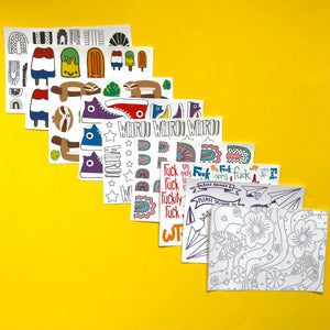 9 sheets of stickers in various designs are displayed against a yellow background