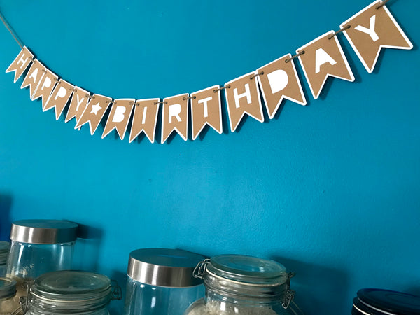 an angled view of a birthday banner hung on a blue wall.