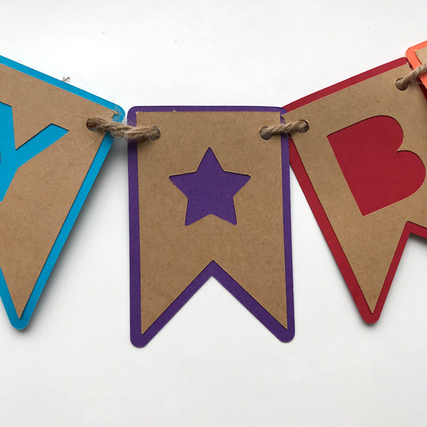 A close up detail of a star tab that is used to separate the words happy and birthday in the paper banner