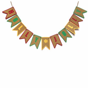 A cheery festive banner that reads HOLLY JOLLY is hung against a white background